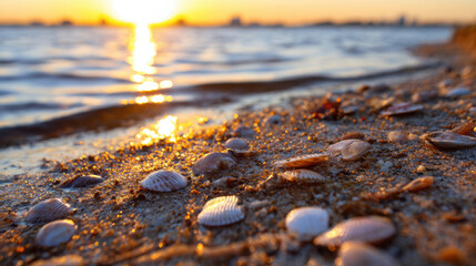 Sunset over the water with shells on the sandy shore in the evening