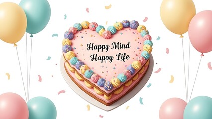 Heart shaped cake with Happy Mind Happy Life message surrounded by colorful balloons