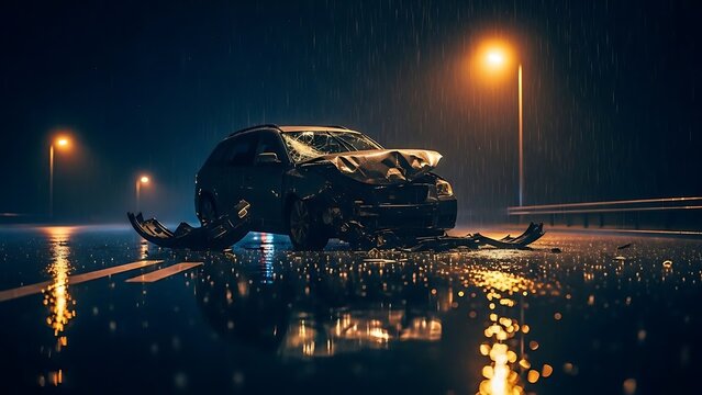 Damaged car on wet road at night with street lights shining brightly around