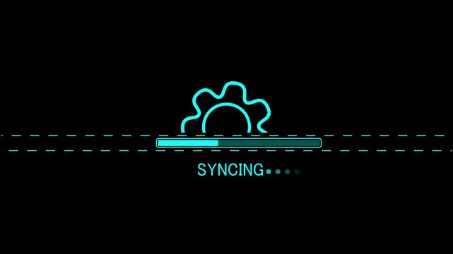 Cyan syncing progress bar with gear icon and dashed lines on black background synchronization loading