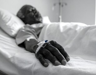 Elderly person resting in a hospital bed with IV drip, viewed in grayscale