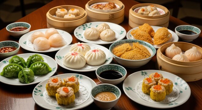 Abundant assortment of traditional steamed and fried dumplings displayed upon wooden table