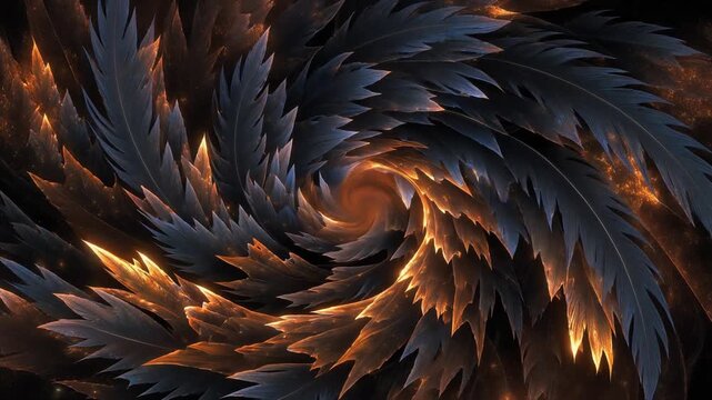 A swirling vortex of dark, metallic feathers illuminated by orange light from within, creating a dramatic abstract pattern