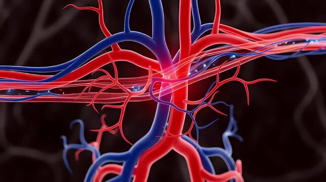 Close-up 3D medical illustration of human circulatory system with red arteries and blue veins, conveying health and vital flow within the body