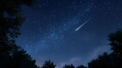 Naklejka premium A vivid shooting star streaks across a dark star filled night sky framed by the silhouettes of trees
