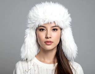 A portrait of a woman with long hair wearing a fluffy white winter hat and sweater, against a gray background