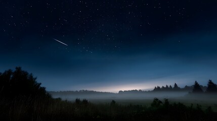 Fototapeta premium A meteor streaks across a starry night sky above a misty rural landscape with a distant horizon glow