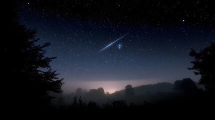 A shooting star streaks across a starry night sky over a misty rolling landscape with distant lights