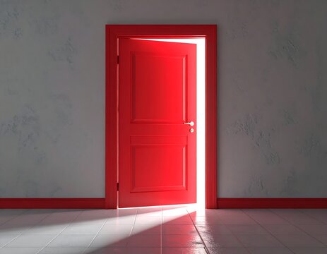 A bright red door slightly ajar in a room with white walls and floor