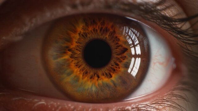 A close-up view of a human eye with a brown iris and orange patterns, reflecting a window in the pupil.