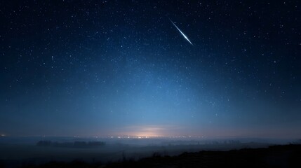 Fototapeta premium A solitary shooting star streaks across a vast starry night sky above a misty glowing distant horizon