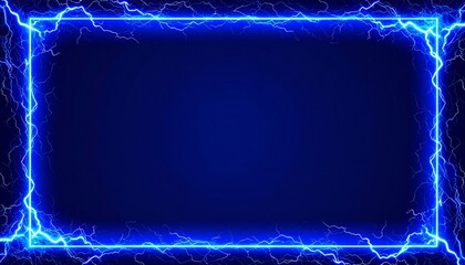 Electric blue rectangular frame, sparking with vibrant lightning bolts, on a deep blue background