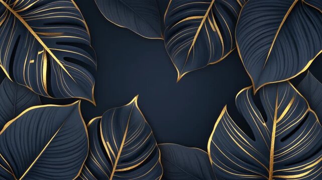 Luxurious dark blue leaves with golden veins framing a dark blue background from a top-down viewpoint showcasing foliage and elegance