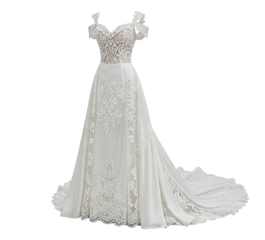 A white wedding dress with lace and a train.