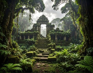 Ancient stone ruins reclaimed by a lush, green jungle, showcasing a temple entrance on a cloudy day, creating an atmosphere of mystery