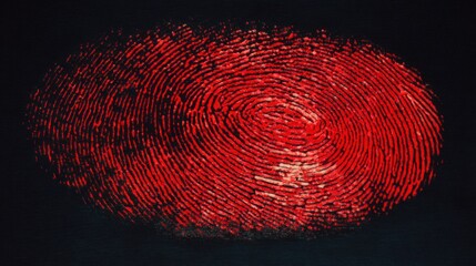 A vivid red fingerprint impression, crisp and circular, against a dark background
