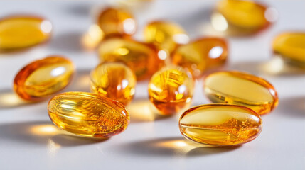 Golden omega-3 fish oil softgel capsules scattered on a clean white surface, high-quality vitamin supplements for health and wellness, translucent amber liquid pills close-up macro.