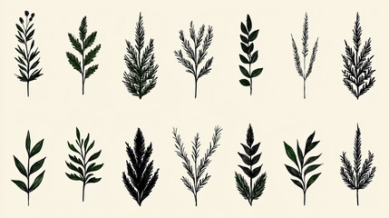 Naklejka premium Collection of diverse leafy plant illustrations in various shades