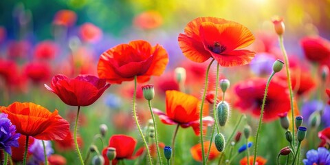 Fototapeta premium Vibrant Red Poppies Swaying in the Breeze