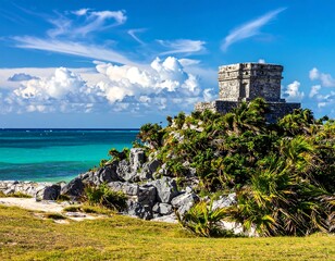 Ancient stone structure atop a cliff, lush vegetation below, turquoise waters, puffy clouds and blue sky