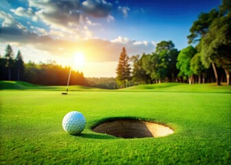 Fototapeta premium A golf ball rolling down a sloping green surface towards a hole