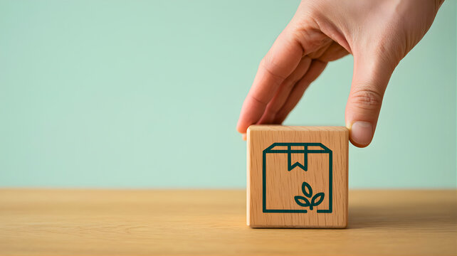 Hand places a wooden cube featuring a green packaging and leaf icon, symbolizing sustainable shipping, eco-friendly logistics, and environmental responsibility in modern business