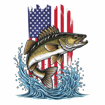 Walleye fish jumping out of water with american flag background