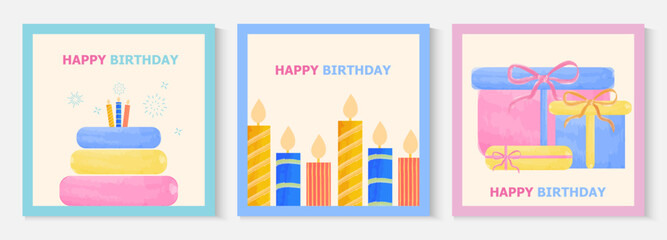 Set of Happy Birthday greeting card, invitation card, poster, cover, cute birthday cake, gift boxs, balloon in Wa tercolor style, colorful minimalist holiday banner hand drawing cake's icon