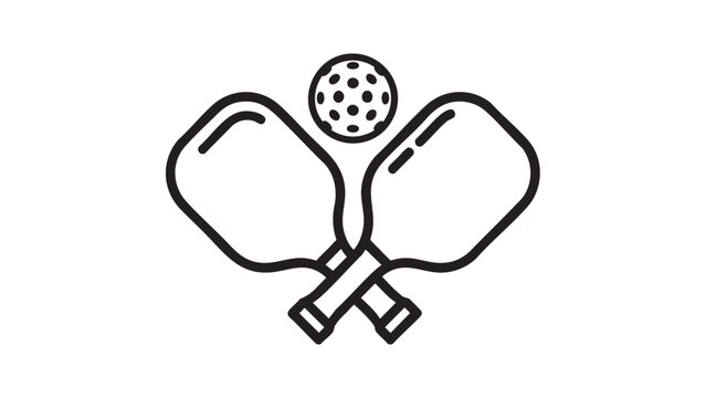 Minimalist black outline vector icon of two crossed pickleball paddles with a dotted ball for active sport recreation