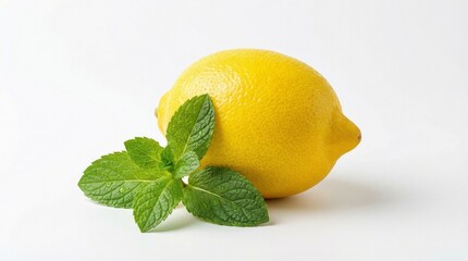 Fresh Lemon and Mint Leaves with Water Drops on White Background