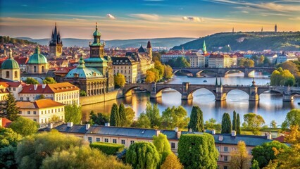 Obraz premium Panoramic view of Prague from above Letna Park with Tatra mountains in background and Charles Bridge visible