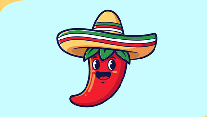 Smiling chili pepper in colorful Mexican sombrero on light blue
