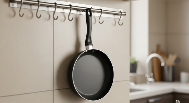 Nonstick frying pan hangs from stainless steel utensil rack mounted on a kitchen wall
