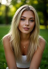 Fototapeta premium Sun-Kissed Serenity: Blonde Beauty in Verdant Light