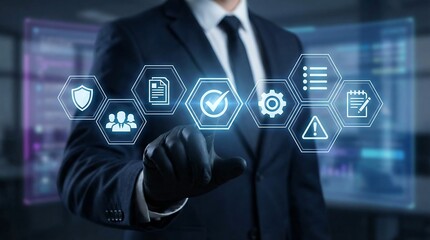 A businessman interacts with futuristic digital interface icons for security, management, and productivity in a modern office setting, symbolizing innovation and business