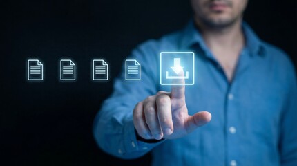 A businessman interacts with digital document icons for efficient file management in a modern workspace, symbolizing innovation and productivity