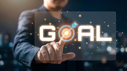 Businessman setting goals with glowing target on screen, symbolizing success and motivation in a modern digital environment