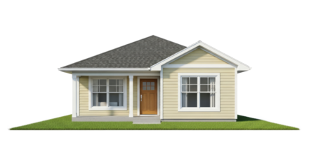 A small, beige-colored house with a gray roof and white trim, situated on a green lawn with a png transparent