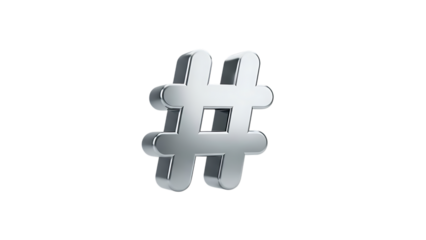 A shiny silver hashtag symbol isolated on transparent background