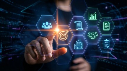 Businessman engaging with a futuristic digital interface for strategic planning and business growth. A symbol of modern technology and innovation in the corporate world.