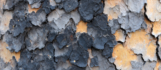 Close view of bark showing rough texture and color variations under sunlight