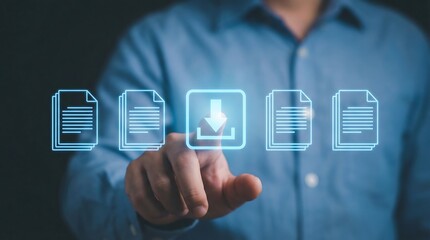 A man interacts with digital documents icons for efficient data management in a modern workspace.
