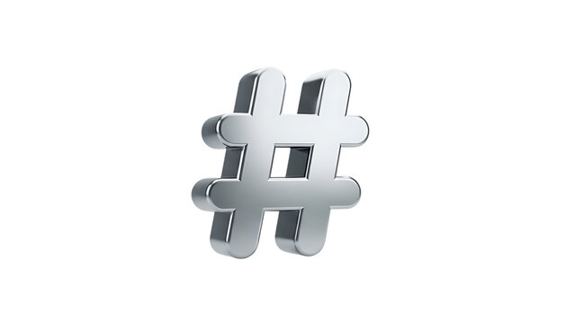A shiny silver hashtag symbol isolated on transparent background