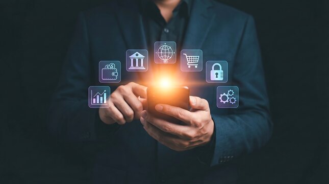 Businessman using smartphone with finance and technology icons floating above, representing modern business and digital innovation - Powered by Adobe