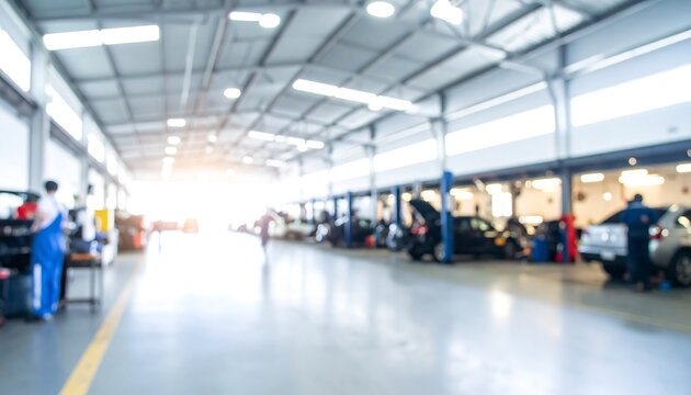Blurry interior view of a car repair shop