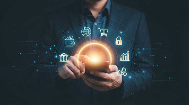 Businessman interacting with a smartphone surrounded by glowing finance and commerce icons, representing modern business and digital transactions. - Powered by Adobe
