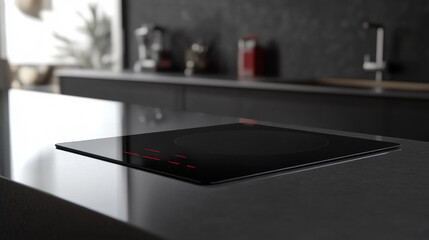 Modern black induction cooktop integrated into a sleek kitchen countertop with red digital indicator lights, high-end minimalist interior design for a contemporary home