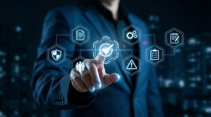 Businessman engaging with futuristic digital interface for business management and strategy, conveying innovation and professionalism in a modern office setting.