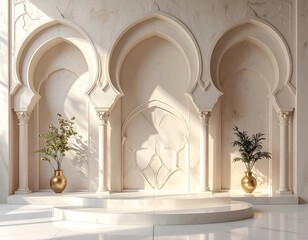 Elegant architectural space features arched niches, marble finish, plants in gold vases, natural light