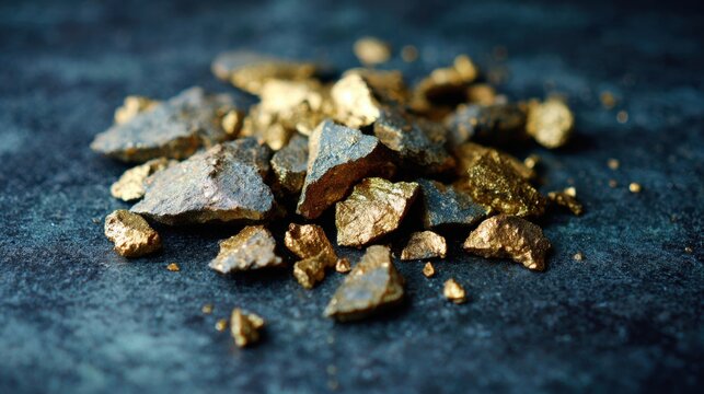 Gold ore pieces arranged on a dark surface for mineral display and study